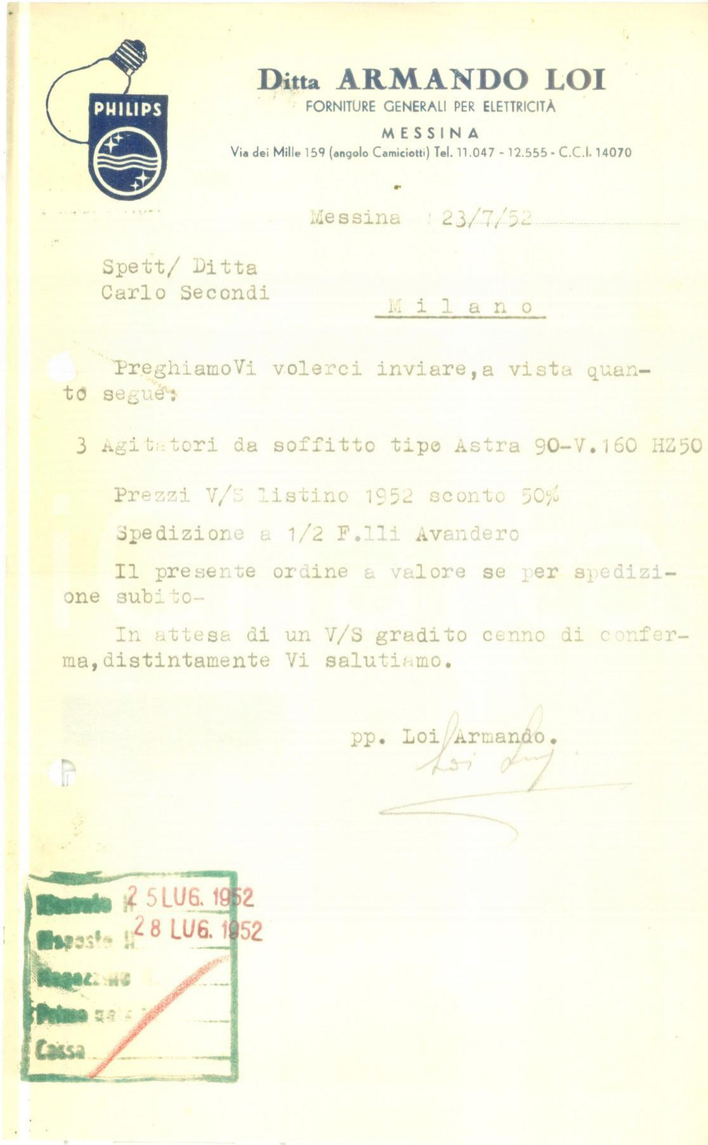 Documento originale, autentico 1952 MESSINA Ditta Armando LOI Forniture generali per elettricitÃ  Lettera 1