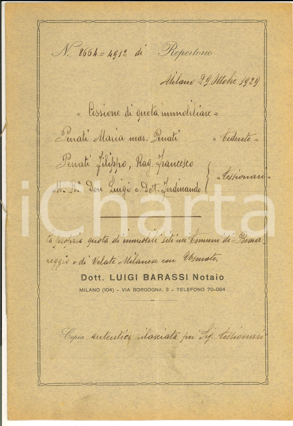 Documento originale, autentico 1929 BERNAREGGIO / VELATE Cessione quota immobili Maria PENATI ai fratelli 1