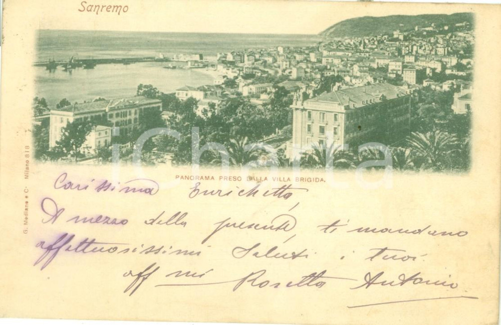 Cartolina originale da collezione 1899 SANREMO IM Panorama preso dalla Villa BRIGIDA Cartolina FP VG 1