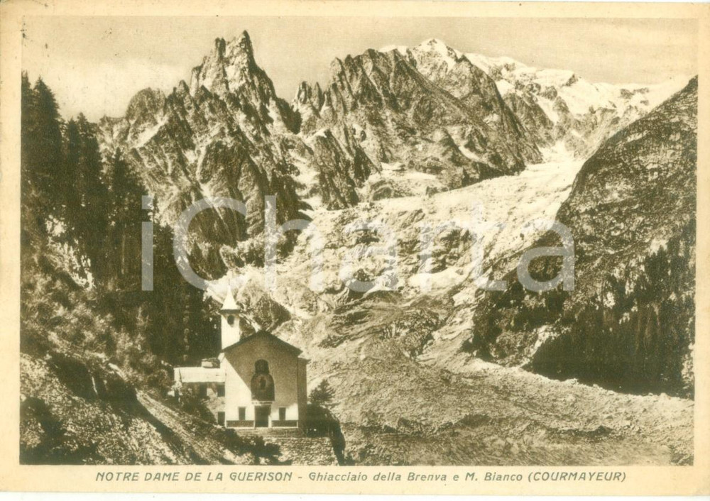 Cartolina originale da collezione 1949 COURMAYEUR Santuario NOTRE DAME DE LA GUERISON e Ghiacciaio BRENVA FG VG 1