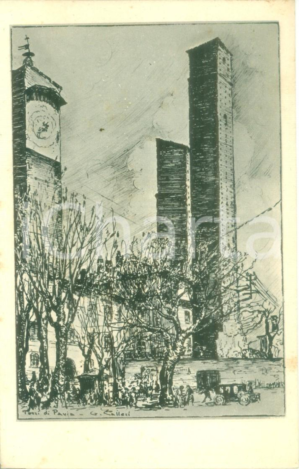 Cartolina originale da collezione 1942 PAVIA Le Torri medievali Illustratore TALLONI Cartolina FP VG 1