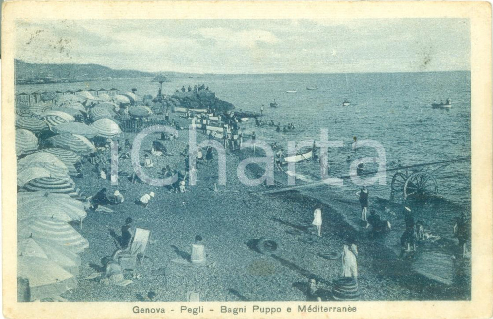 Cartolina originale da collezione 1928 GENOVA PEGLI veduta dei Bagni Puppo e MÃ©diterranÃ©e Cartolina FP VG 1