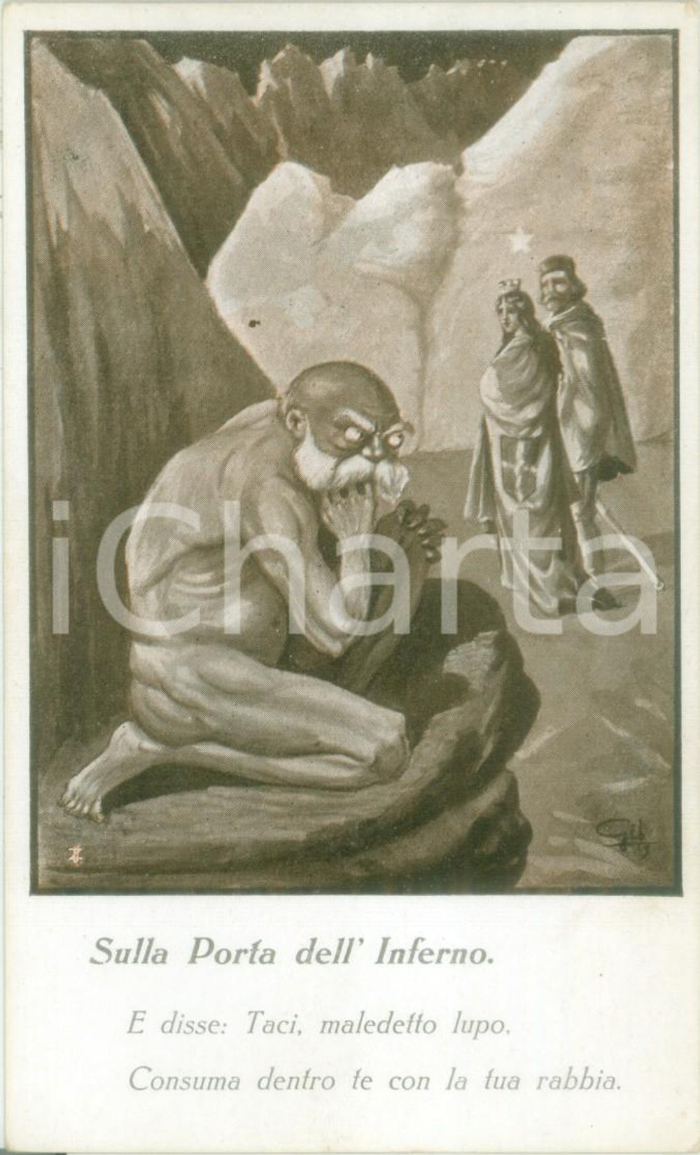 Cartolina originale da collezione 1930 ca GARIBALDI ALL INFERNO Sulla Porta dell Inferno Ill. GIBELLI Cartolina 1