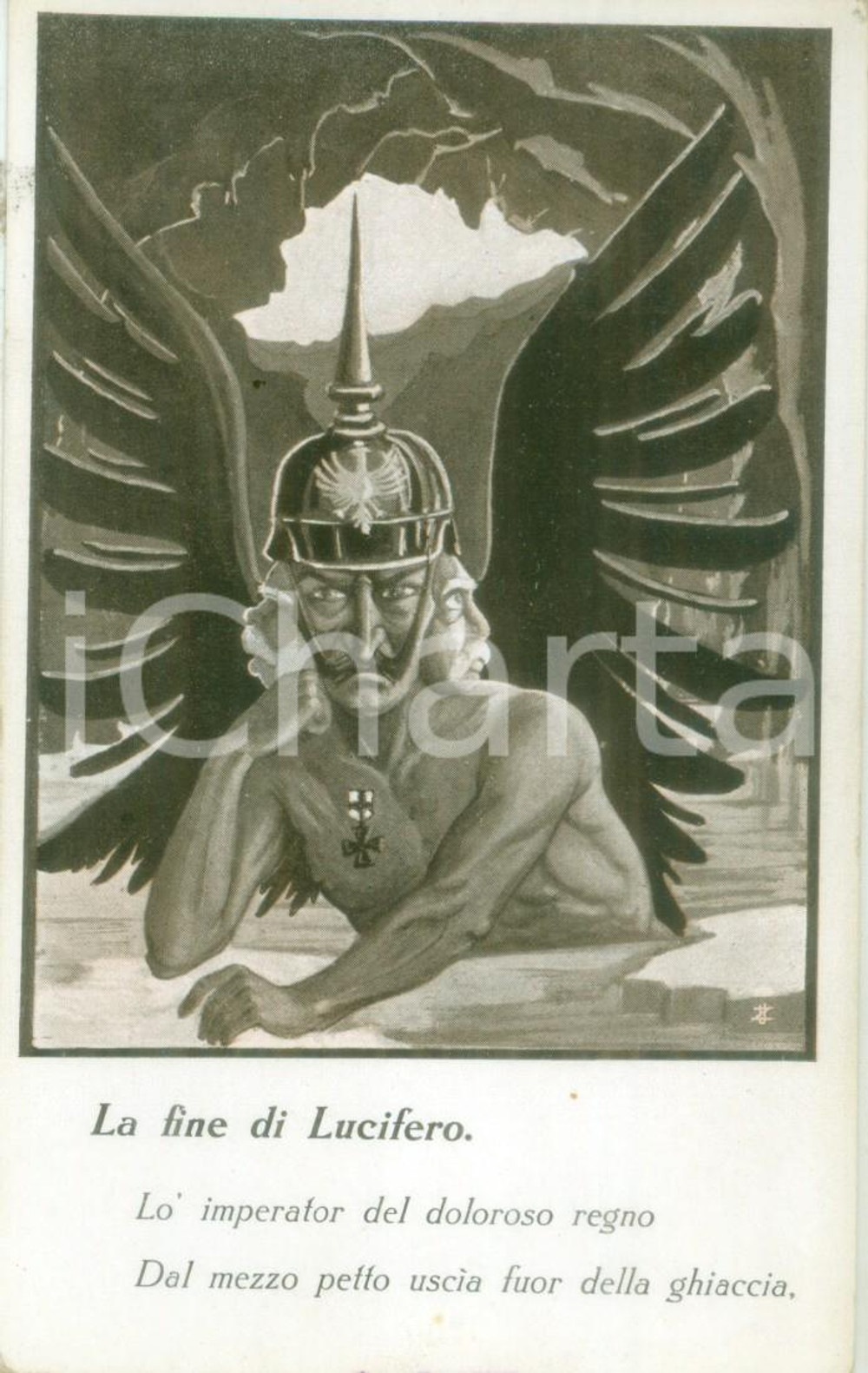 Cartolina originale da collezione 1930 ca GARIBALDI ALL INFERNO La fine di Lucifero Ill. GIBELLI Cartolina 1