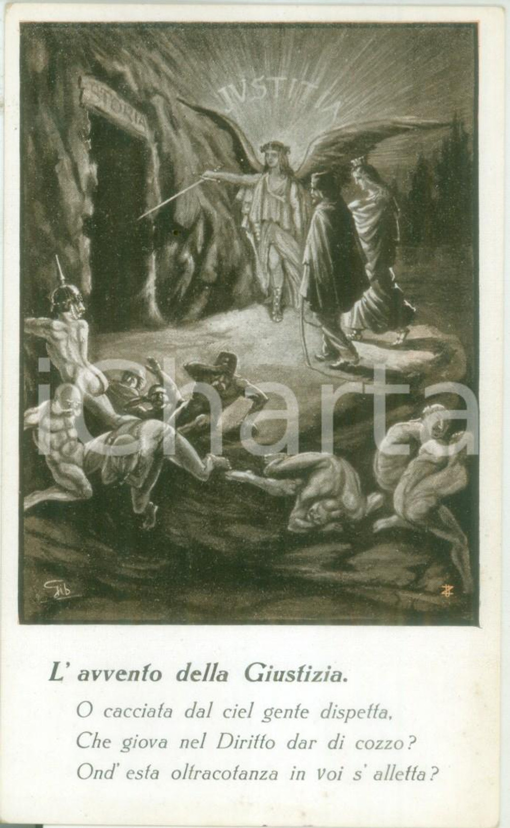 Cartolina originale da collezione 1930 ca GARIBALDI ALL INFERNO L avvento della Giustizia Ill. GIBELLI Cartolina 1