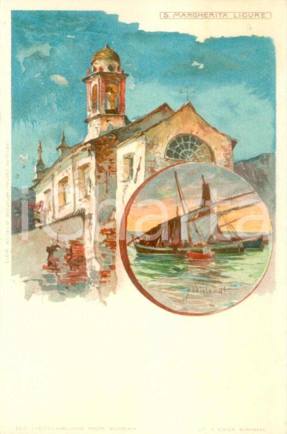 Cartolina originale da collezione 1900 ca SANTA MARGHERITA LIGURE Chiesa e barche da pesca Cartolina ILLUSTRATA 1