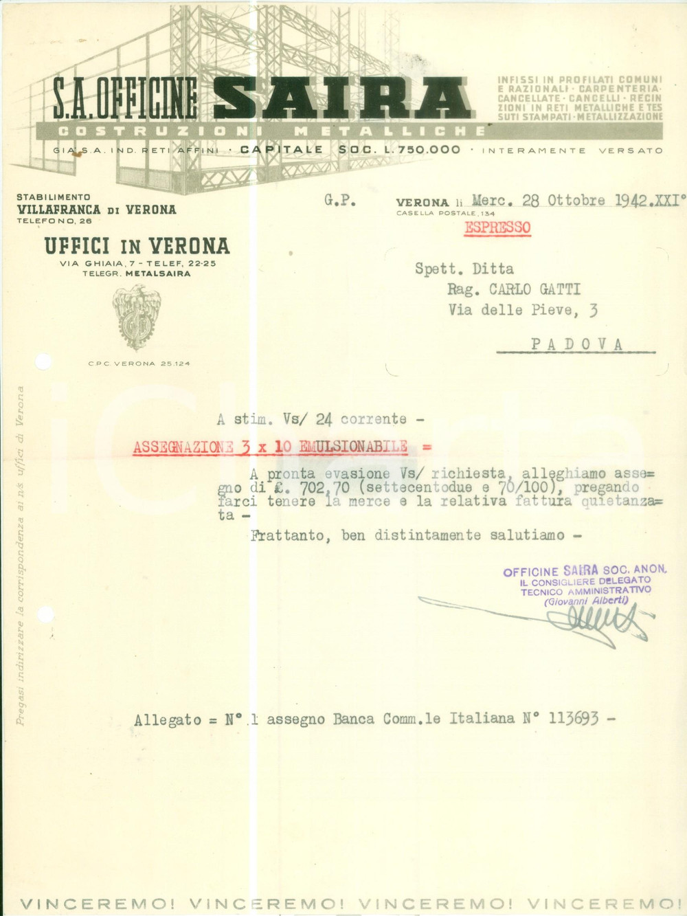 Documento originale, autentico 1942 VERONA Officine SAIRA Costruzioni metalliche Profilati comuni Fattura 1