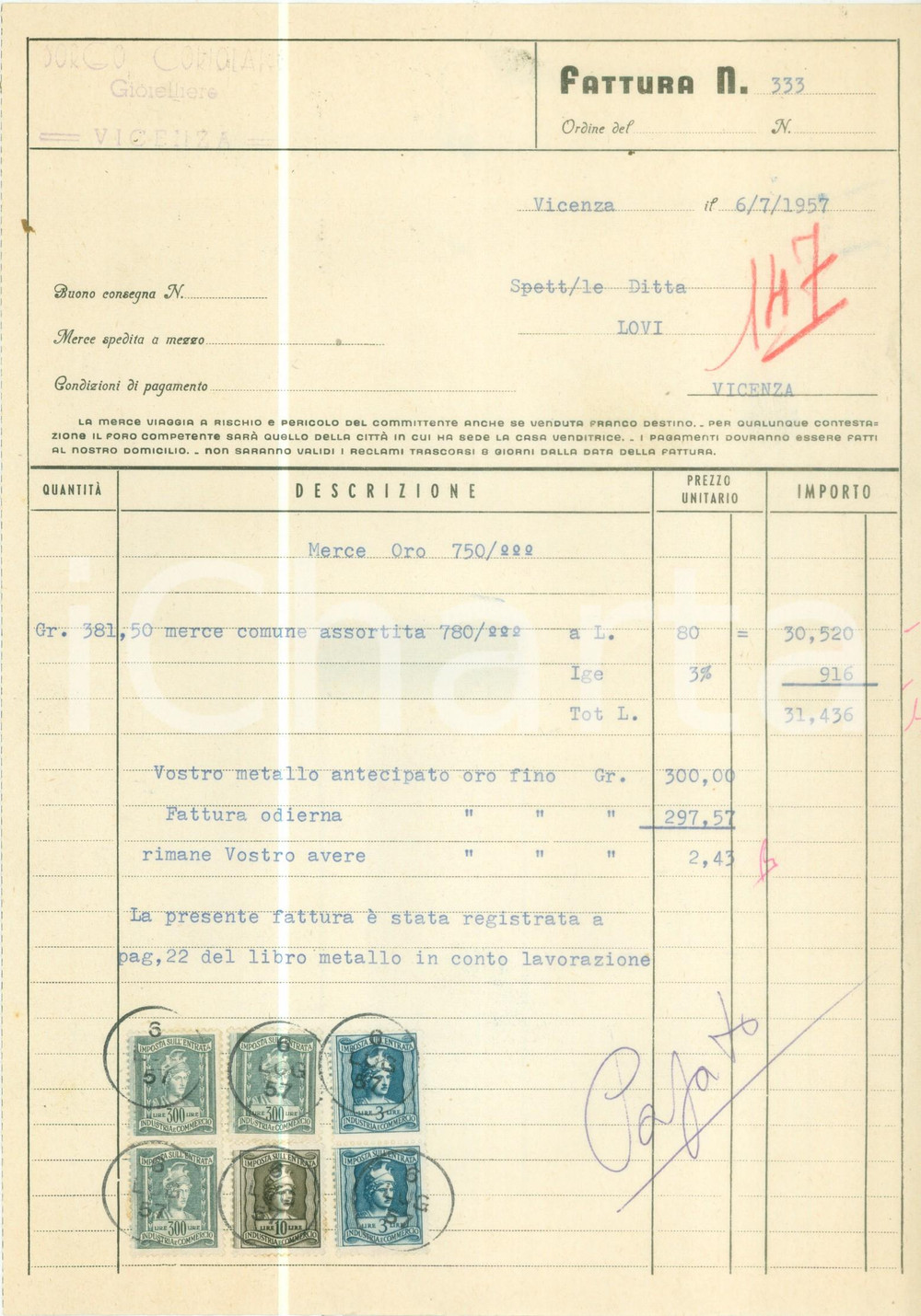 Documento originale, autentico 1957 VICENZA Coriolano BORGO Gioielliere Fattura commerciale 1 1