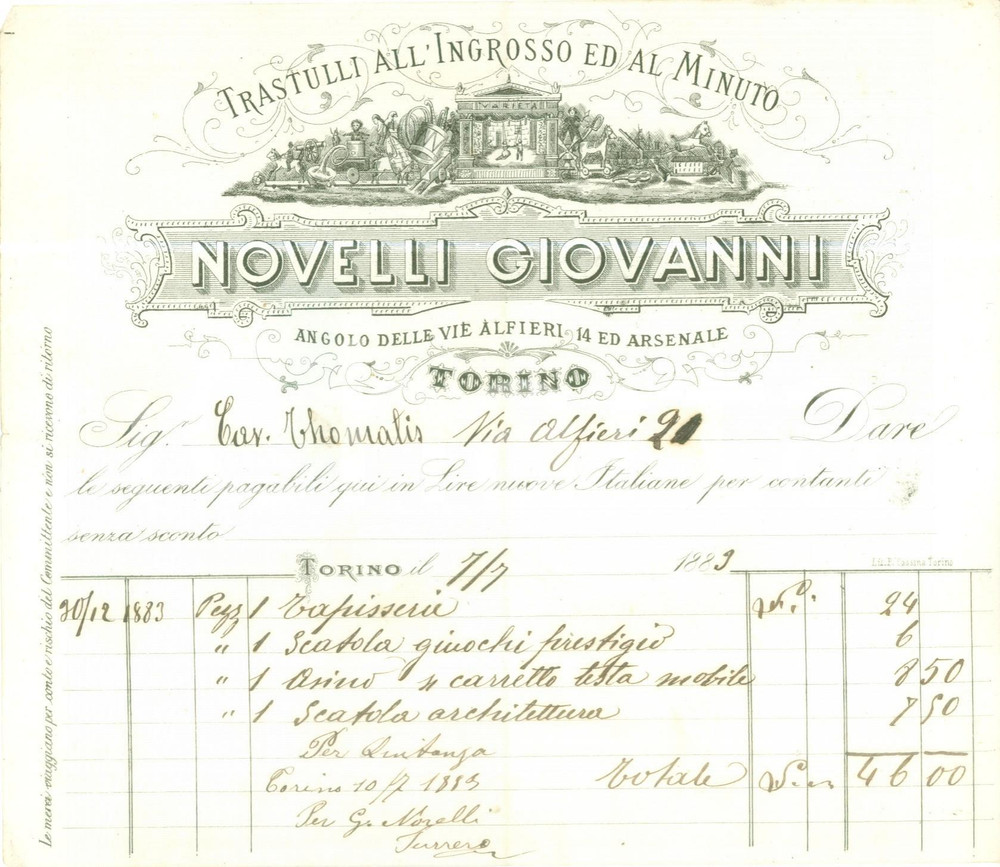 Documento originale, autentico 1889 TORINO Giovanni NOVELLI Trastulli all ingrosso ed al minuto Fattura 1