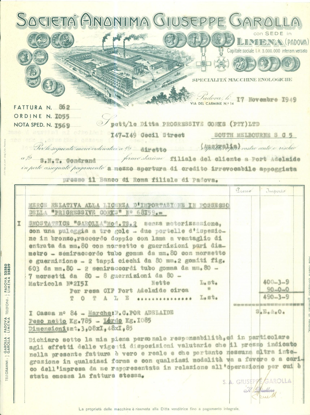 Documento originale, autentico 1949 LIMENA PD SocietÃ  Anonima Giuseppe GAROLLA Macchine enologiche Fattura 1