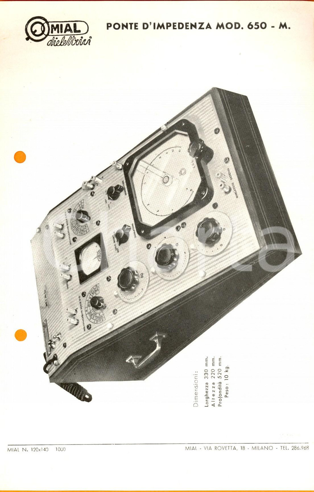 Materiale pubblicitario d’epoca 1940 ca MILANO Ditta MIAL   Ponte d impedienza mod. 650 M  Volantino 1