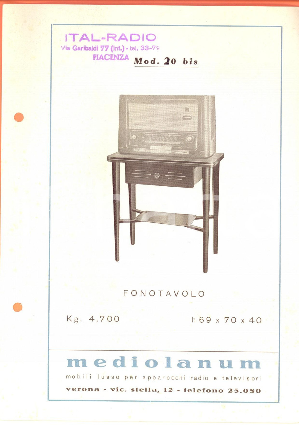 Materiale pubblicitario d’epoca 1960 ca PIACENZA ITALRADIO Fonotavolo mod. 20 bis Volantino pubblicitario 1