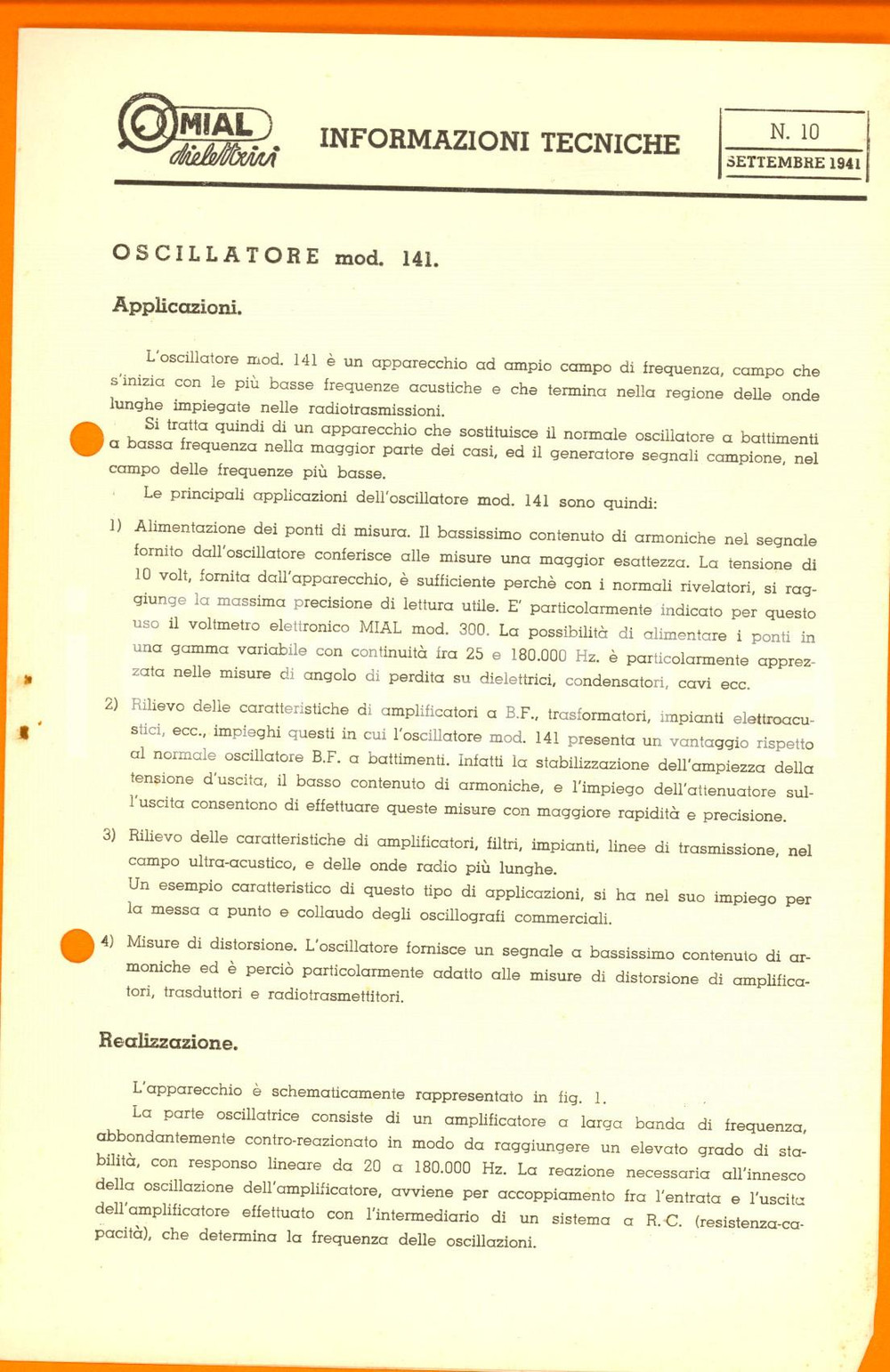 Materiale pubblicitario d’epoca 1941 MILANO Ditta MIAL  Oscillatore mod. 141 Volantino tecnico 1