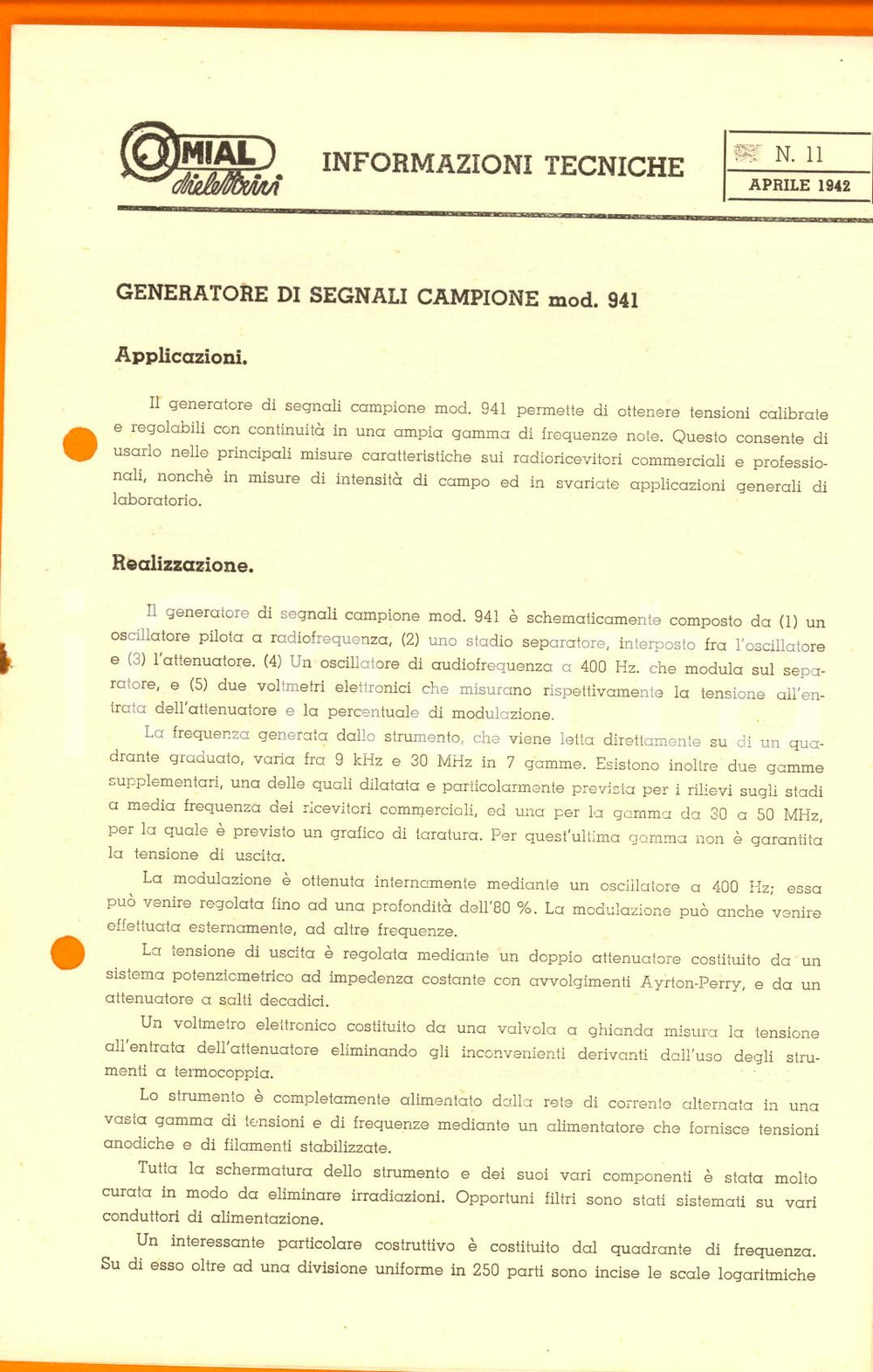 Materiale pubblicitario d’epoca 1942 MILANO Ditta MIAL  Generatore segnali campione mod. 941 Volantino tecnico 1