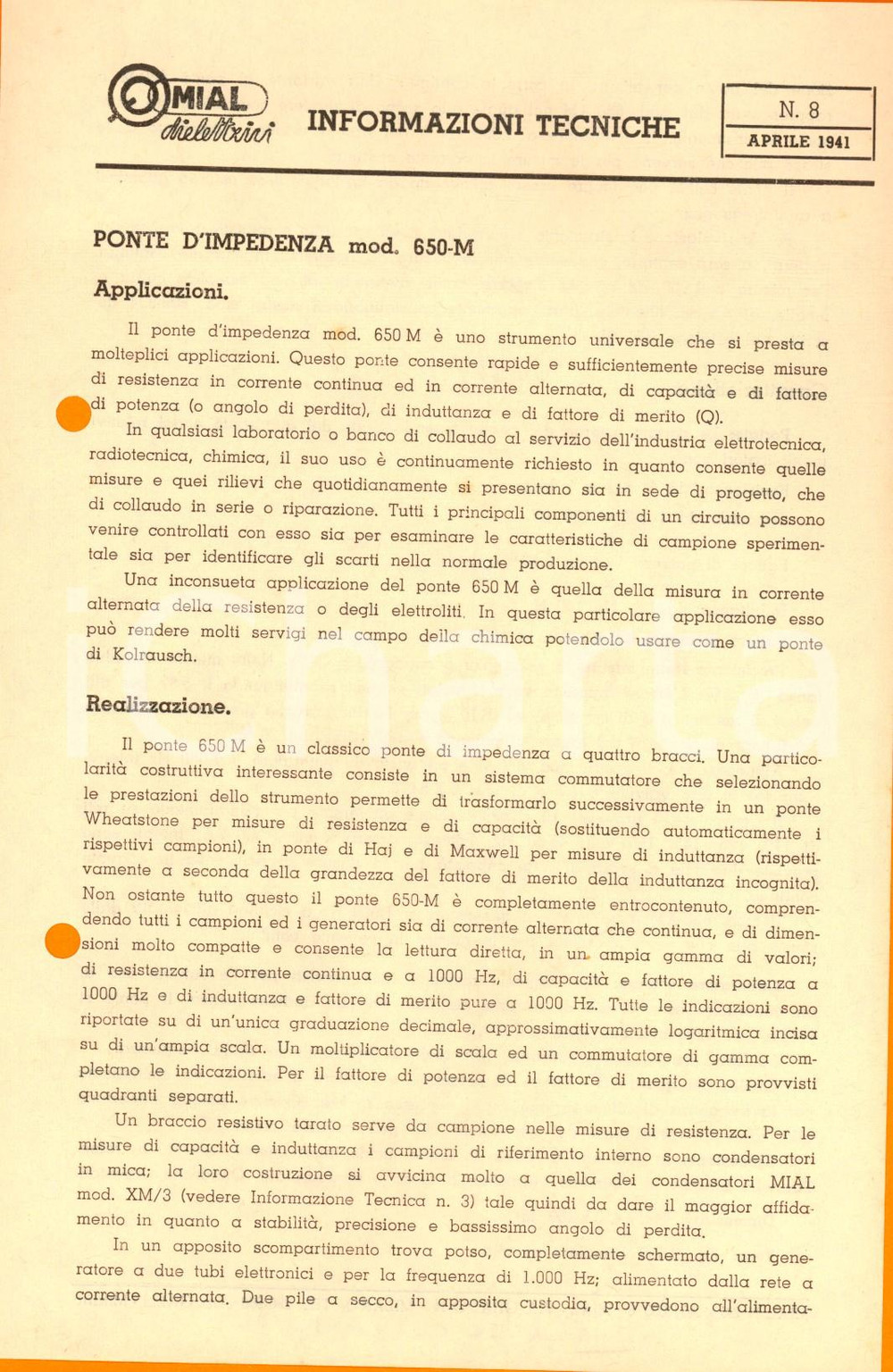Materiale pubblicitario d’epoca 1941 MILANO Ditta MIAL  Ponte d impedenza mod. 650M Volantino tecnico 1