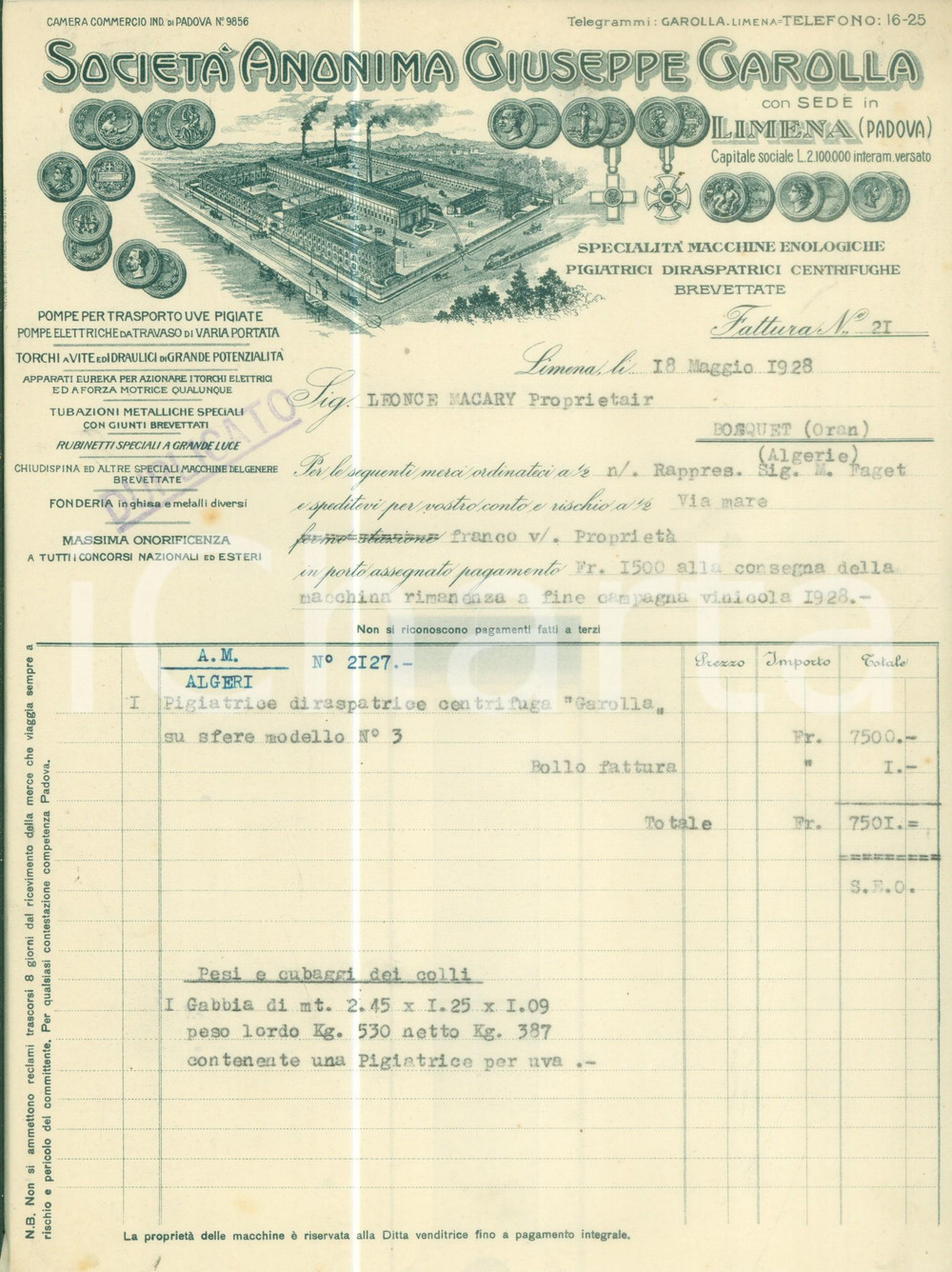 Documento originale, autentico 1928 LIMENA PD Società Anonima Giuseppe GAROLLA Macchine enologiche Fattura 1
