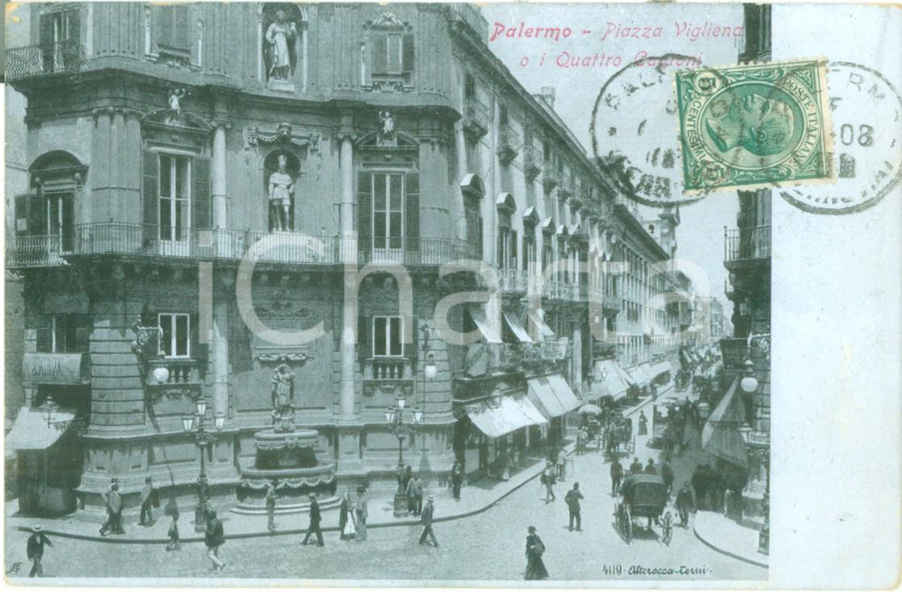 Cartolina originale da collezione 1908 PALERMO Piazza VIGLIENA e i Quattro Cantoni Cartolina ANIMATA FP VG 1