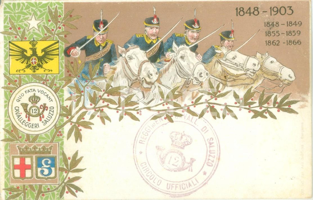 Cartolina originale da collezione 1903 12° CAVALLEGGERI SALUZZO Circolo Ufficiali Cartolina reggimentale FP NV 1