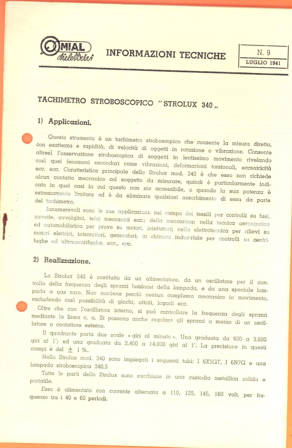 Materiale pubblicitario d’epoca 1941 MILANO Ditta MIAL Tachimetro stroboscopico STROLUX 340 Volantino tecnico 1