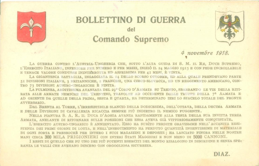 Cartolina originale da collezione 1918 WW1 Associazione Nazionale TRENTO TRIESTE Bollettino DIAZ Cartolina FP VG 1