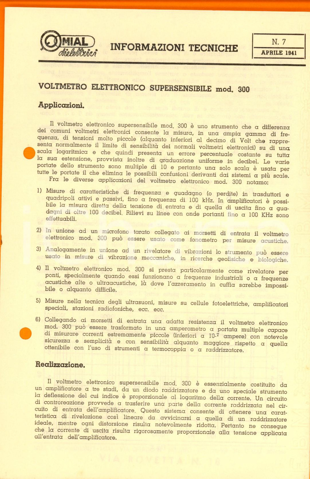 Materiale pubblicitario d’epoca 1941 MILANO Ditta MIAL  Voltmetro elettronico mod. 300 Volantino tecnico 1