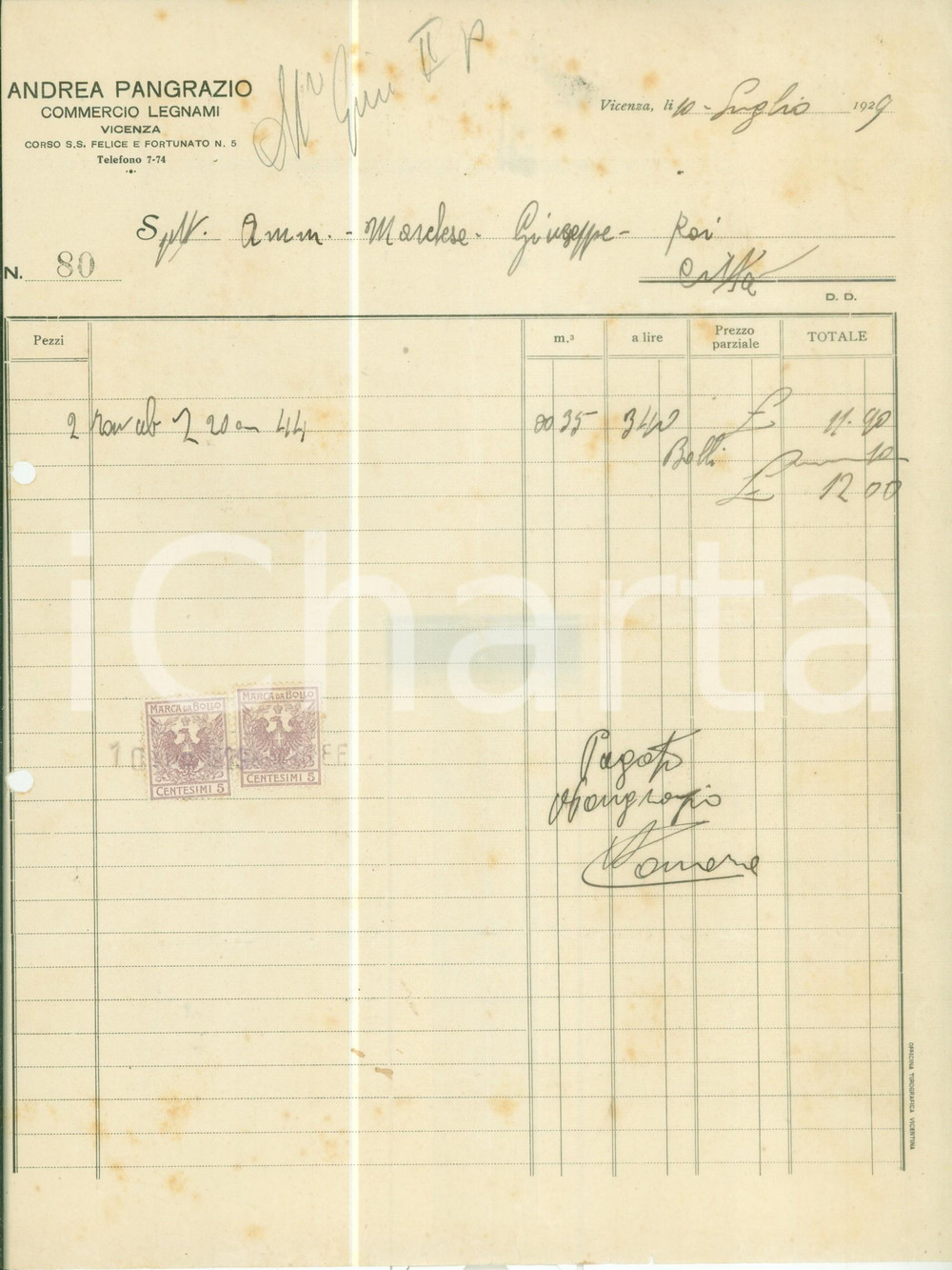 Documento originale, autentico 1929 VICENZA Andrea PANGRAZIO Commercio legnami Fattura commerciale 1