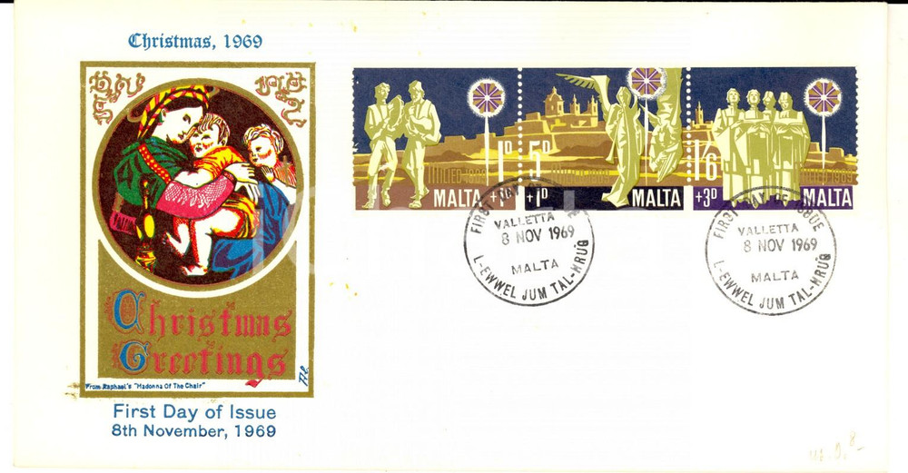 Materiale pubblicitario d’epoca 1969 STORIA POSTALE  MALTA XIX Christmas greetings   First day of issue 1