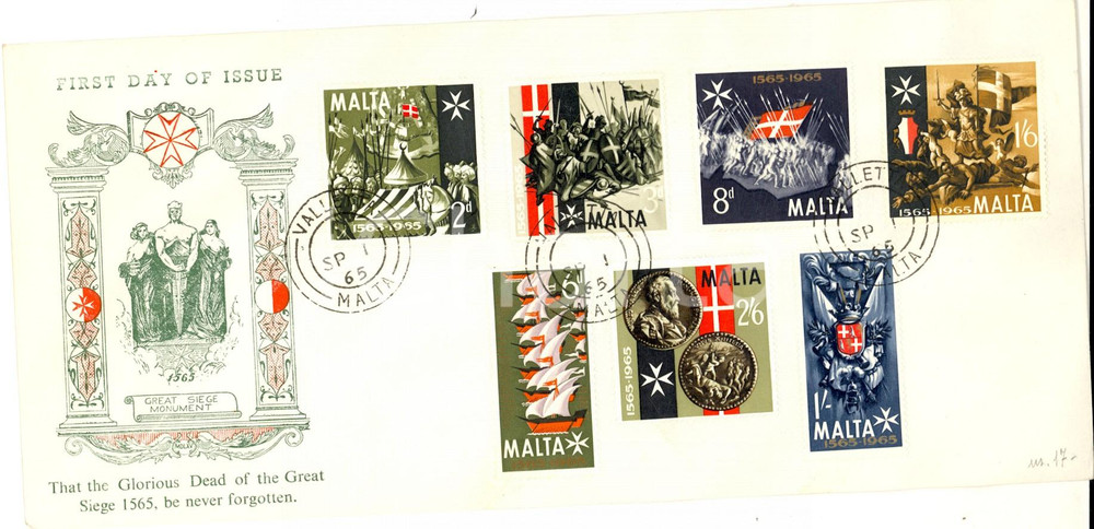 Materiale pubblicitario d’epoca 1965 STORIA POSTALE MALTA Great Siege Monument 1565 First day of issue 1