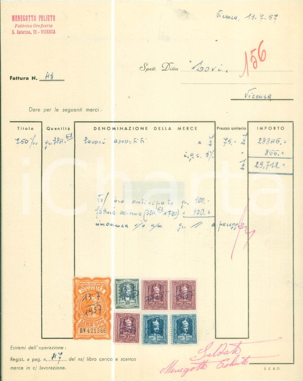 Documento originale, autentico 1957 VICENZA Poliuto MENEGOTTO Fabbrica oreficeria Fattura commerciale 1