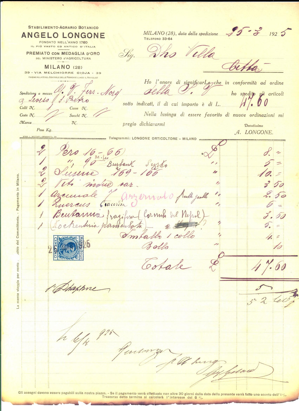 Documento originale, autentico 1925 MILANO Stabilimenti agrariobotanico Angelo LONGONE Fattura intestata 1