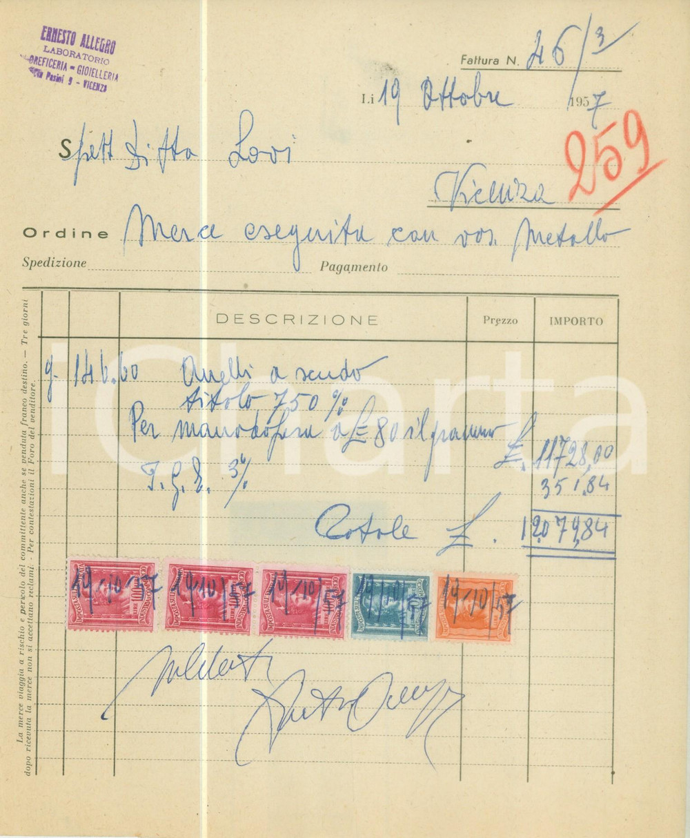 Documento originale, autentico 1957 VICENZA Ernesto ALLEGRO Oreficeria gioielleria Fattura commerciale 1