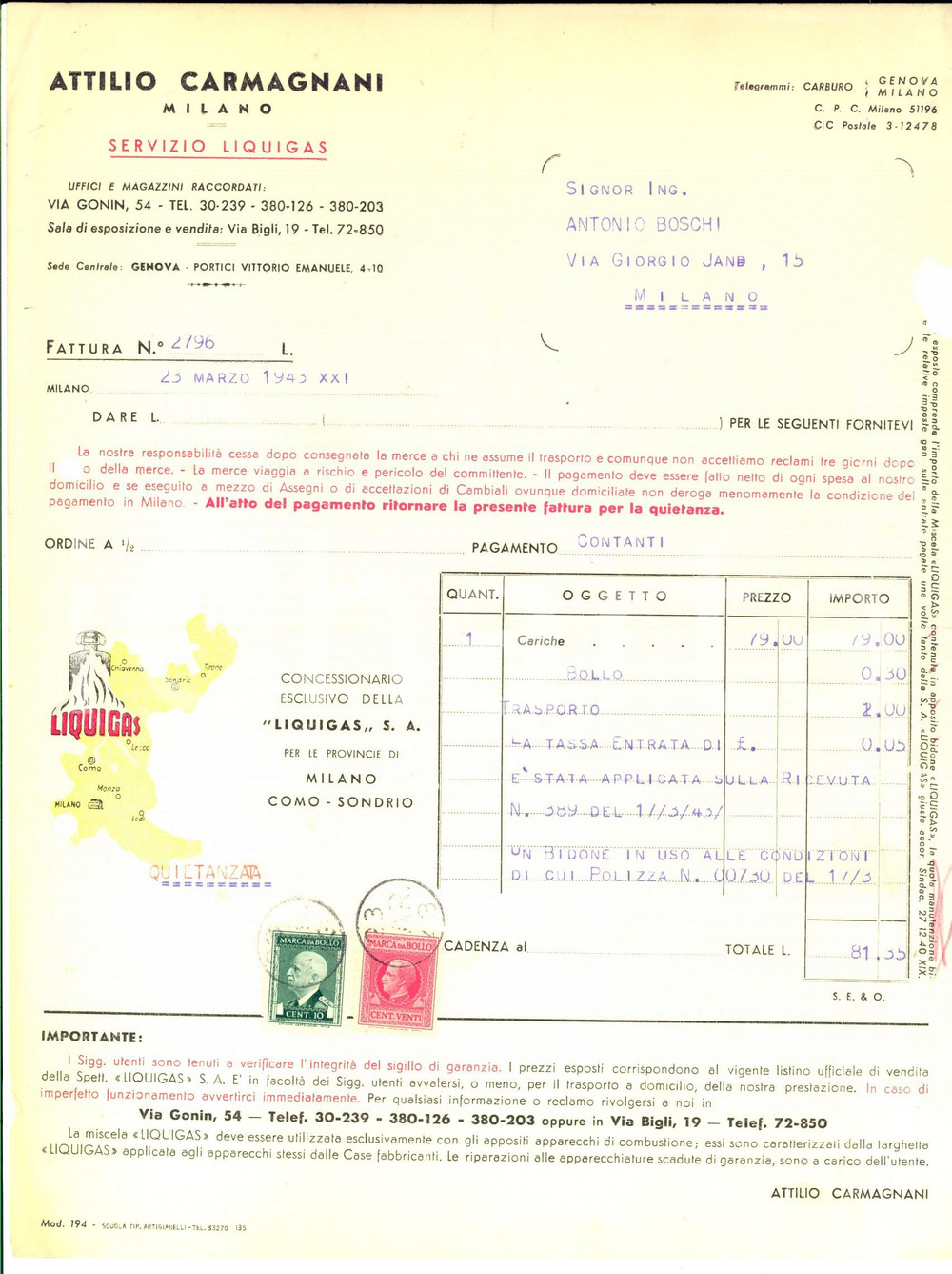 Documento originale, autentico 1943 MILANO Ditta Attilio CARMAGNANI Servizio LIQUIGAS Fattura DANNEGGIATA 1