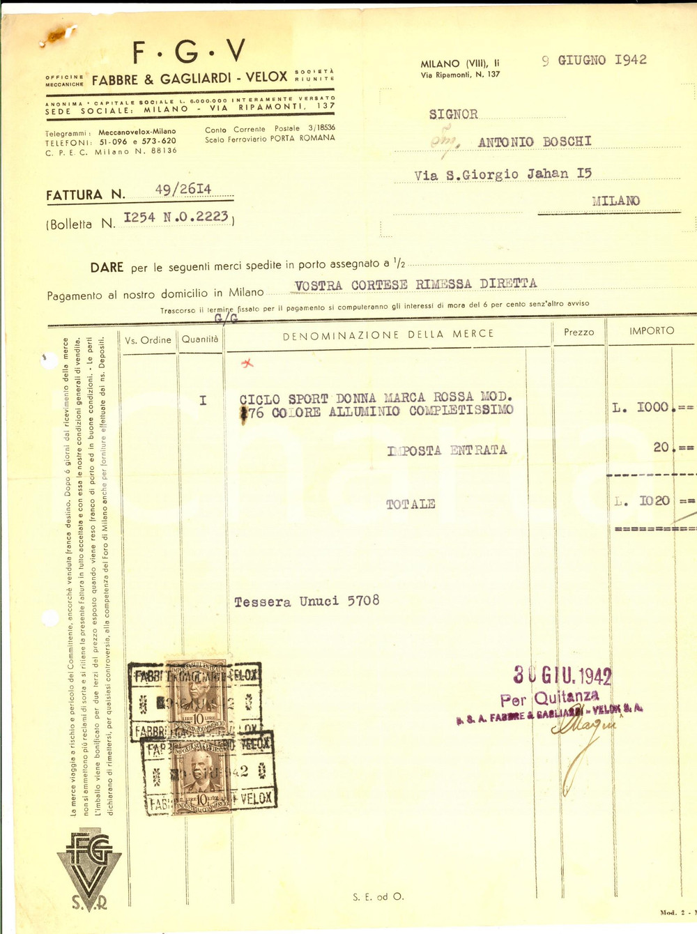 Documento originale, autentico 1942 MILANO Ditta FABBRE & GAGLIARDI velox Fattura intestata con bolli 1