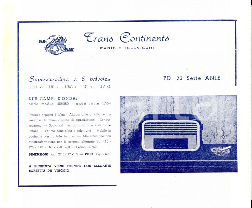 Materiale pubblicitario d’epoca 1960 ca TRANS CONTINENTS Radio e televisori  Supereterodina Volantino velina 1