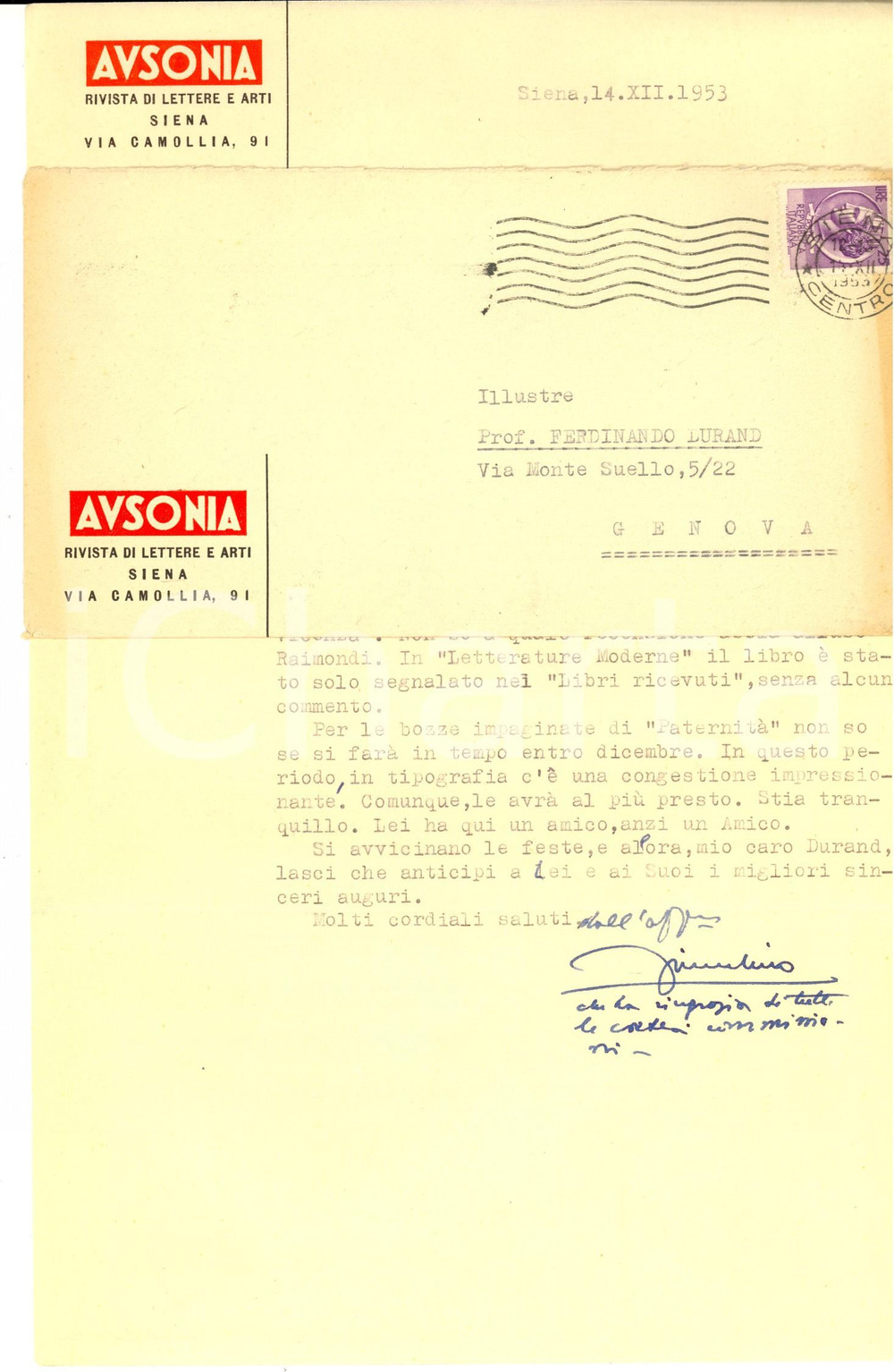 Autografo originale 1953 SIENA AUSONIA Luigi FIORENTINO su recensioni letterarie recenti AUTOGRAFO 1