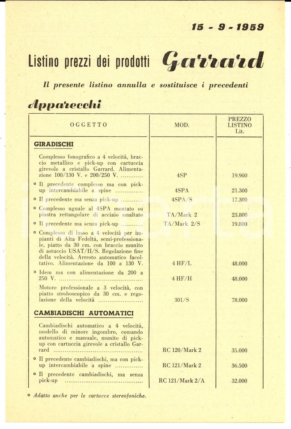 Materiale pubblicitario d’epoca 1959 SWINDON UK Ditta GARRARD Listino prezzi per giradischi e accessori 1