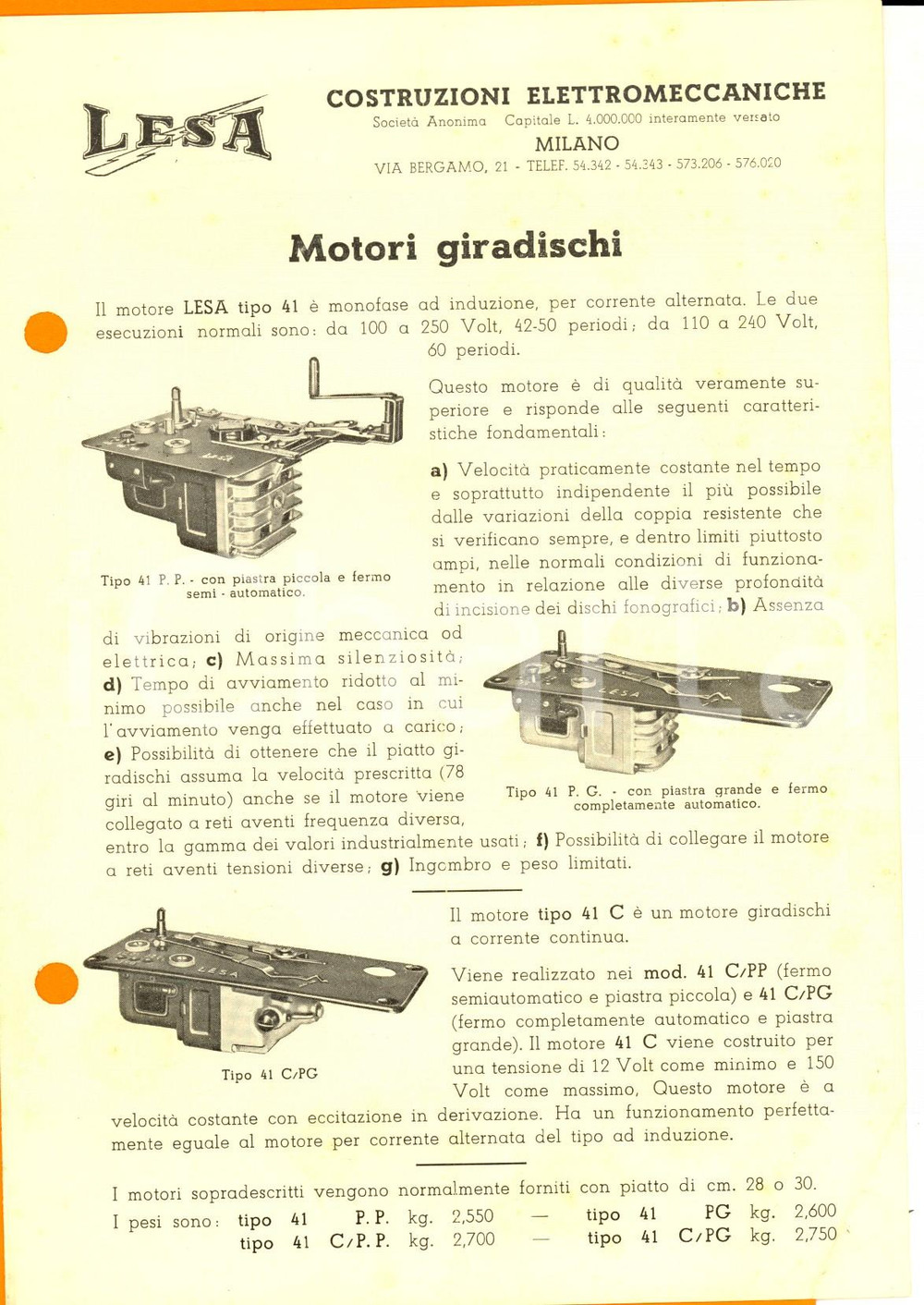 Materiale pubblicitario d’epoca 1950 ca MILANO Ditta LESA  Motori giradischi Opuscolo ILLUSTRATO 1