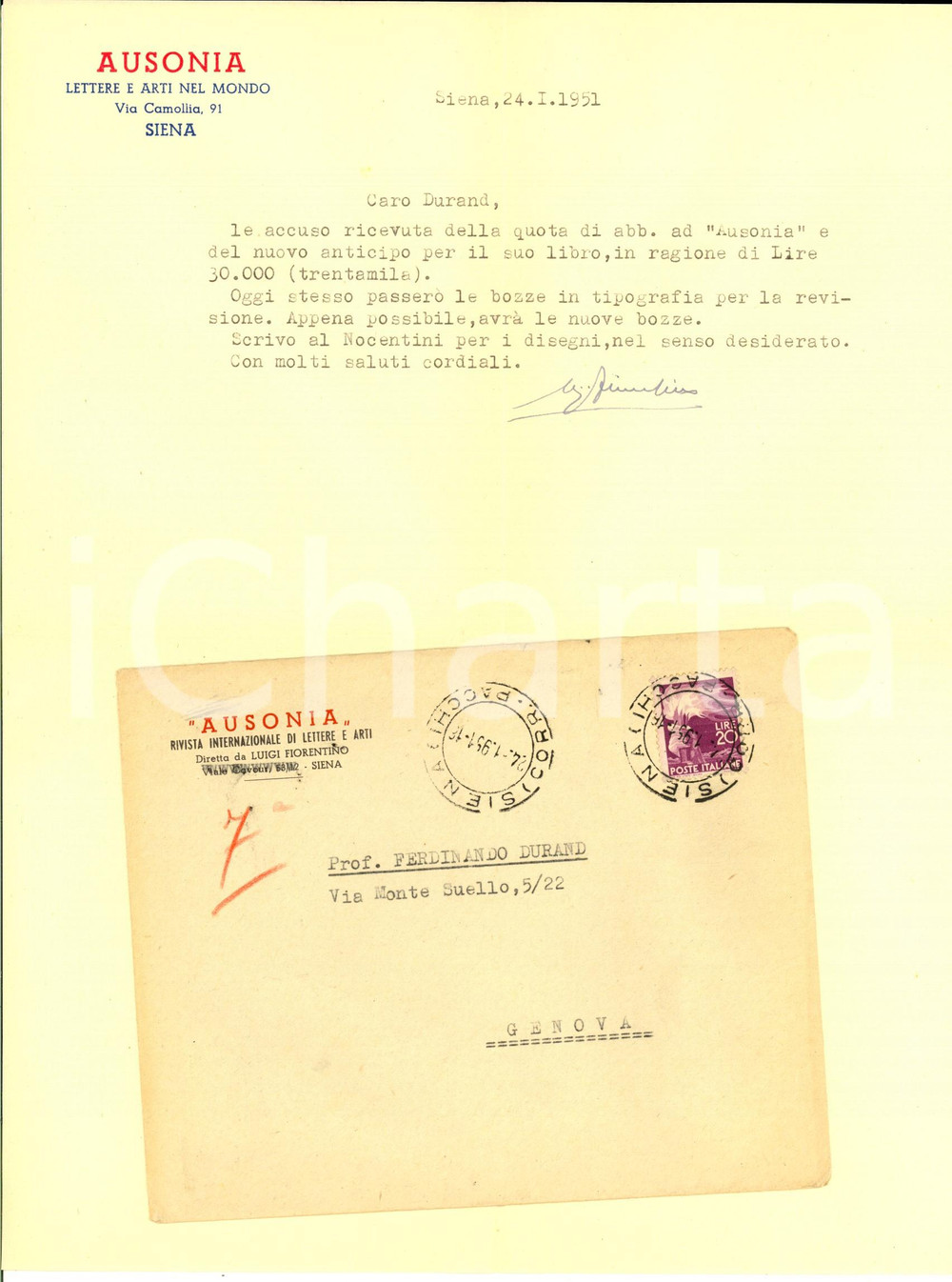 Autografo originale 1951 SIENA AUSONIA Luigi FIORENTINO rilascia ricevuta per abbonamento a rivista 1