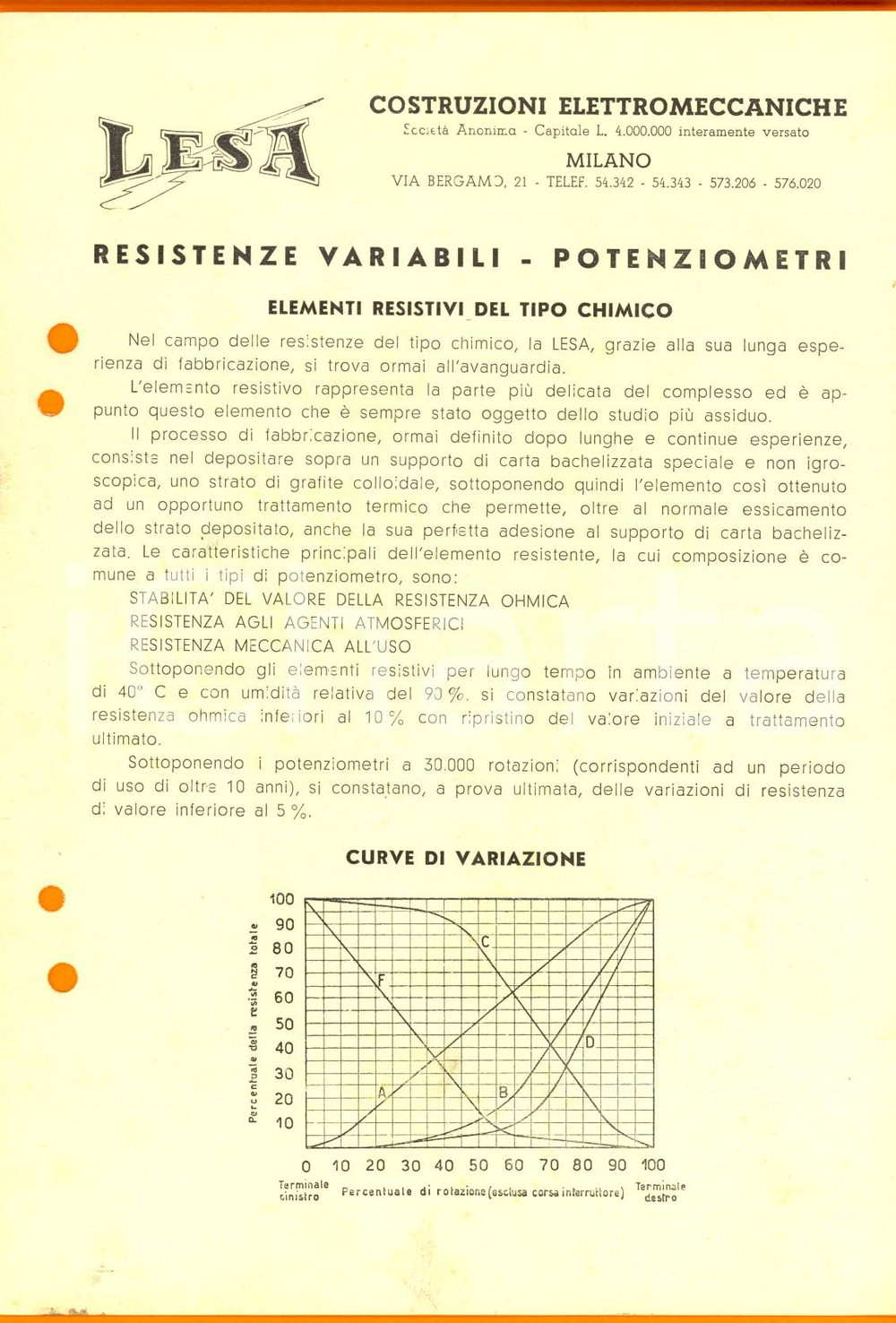 Materiale pubblicitario d’epoca 1950 ca MILANO Ditta LESA  Resistenze variabili e potenziometri Opuscolo 1
