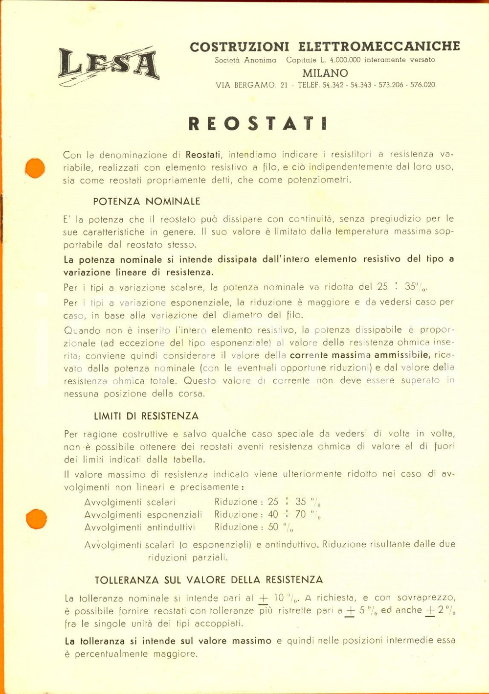 Materiale pubblicitario d’epoca 1950 ca MILANO Ditta LESA  Reostati Opuscolo ILLUSTRATO 1