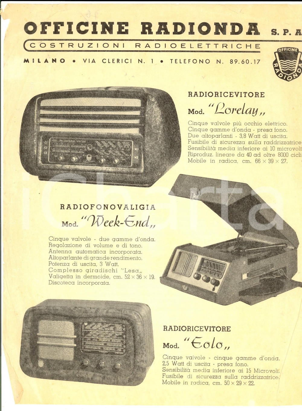 Materiale pubblicitario d’epoca 1950 ca MILANO Officine RADIONDA Radiofonovaligia e radioricevitore Volantino 1