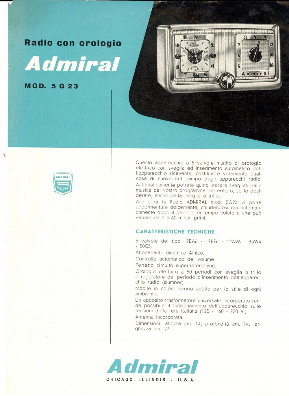 Materiale pubblicitario d’epoca 1950 ca CHICAGO Ditta ADMIRAL Radio con orologio 5 G 23 Volantino ILLUSTRATO 1