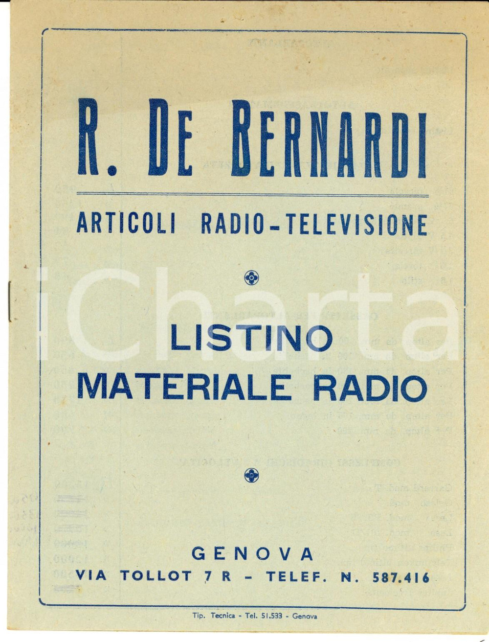 Materiale pubblicitario d’epoca 1960 ca GENOVA Ditta R. DE BERNARDI Listino per materiale radio 1