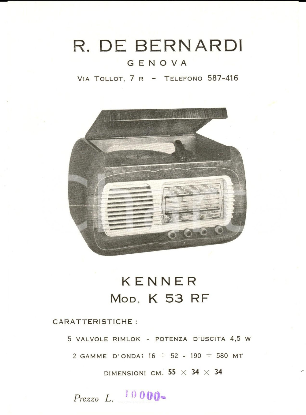 Materiale pubblicitario d’epoca 1960 ca GENOVA Ditta R. DE BERNARDI  Radio mod. KENNER K 53 RF Volantino 1