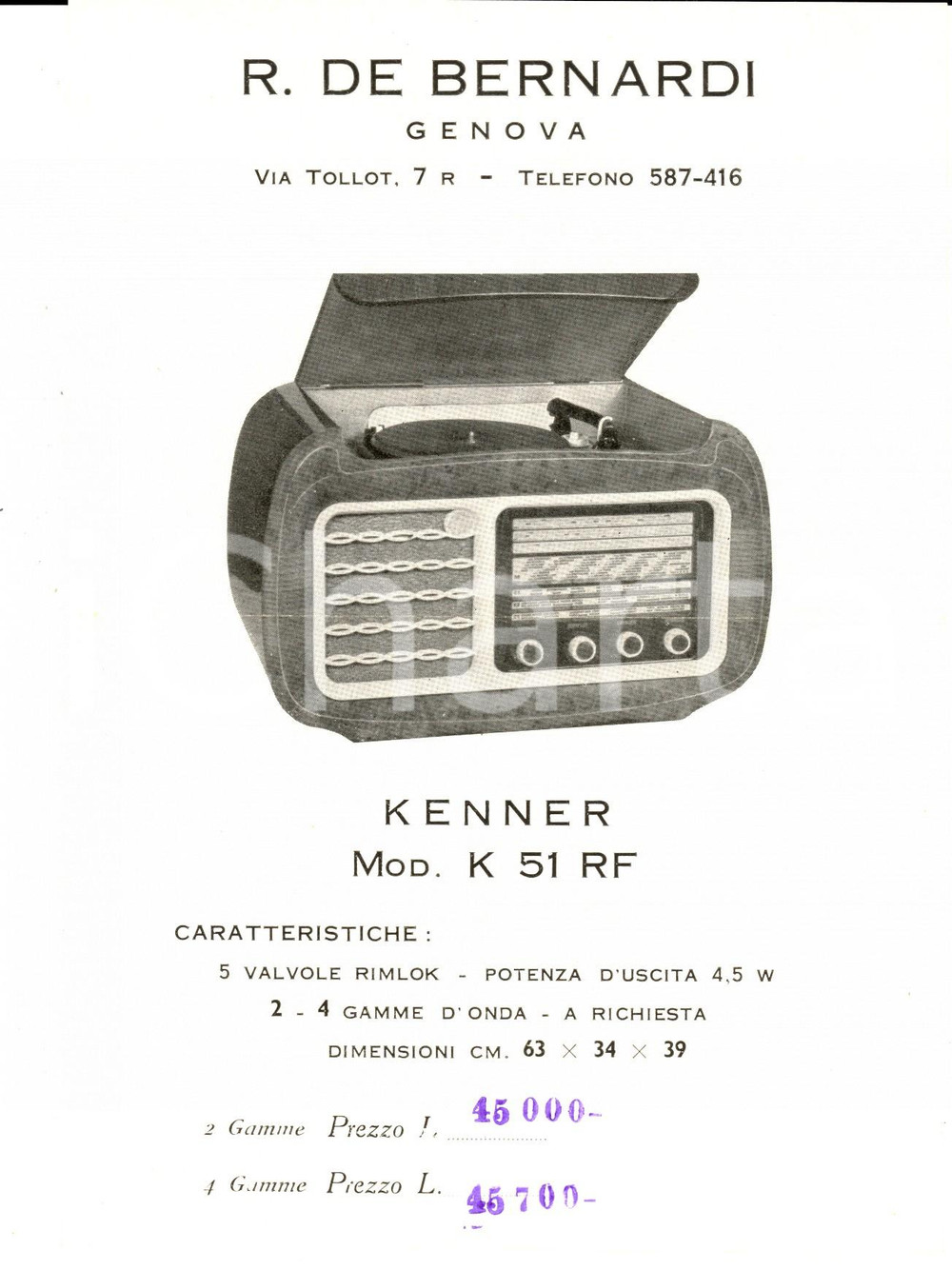 Materiale pubblicitario d’epoca 1960 ca GENOVA Ditta R. DE BERNARDI  Radio mod. KENNER K 51 RF Volantino 1