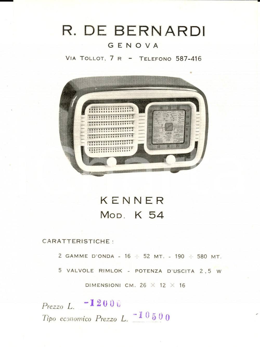 Materiale pubblicitario d’epoca 1960 ca GENOVA Ditta R. DE BERNARDI  Radio mod. KENNER K 54 Volantino 1