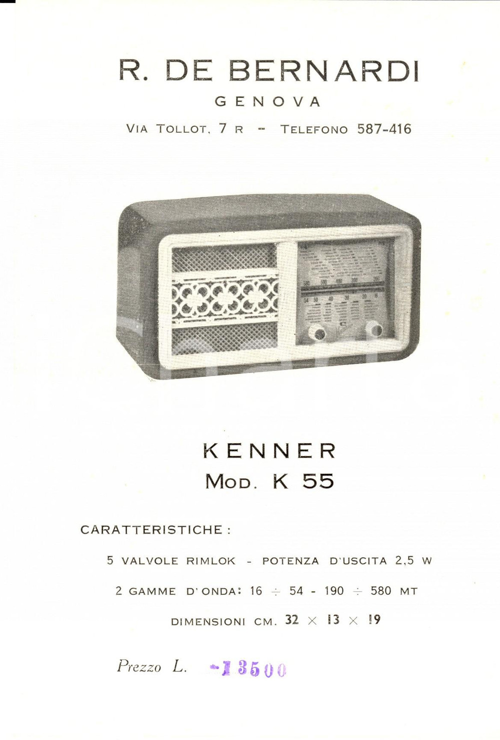 Materiale pubblicitario d’epoca 1960 ca GENOVA Ditta R. DE BERNARDI  Radio mod. KENNER K 55 Volantino 1