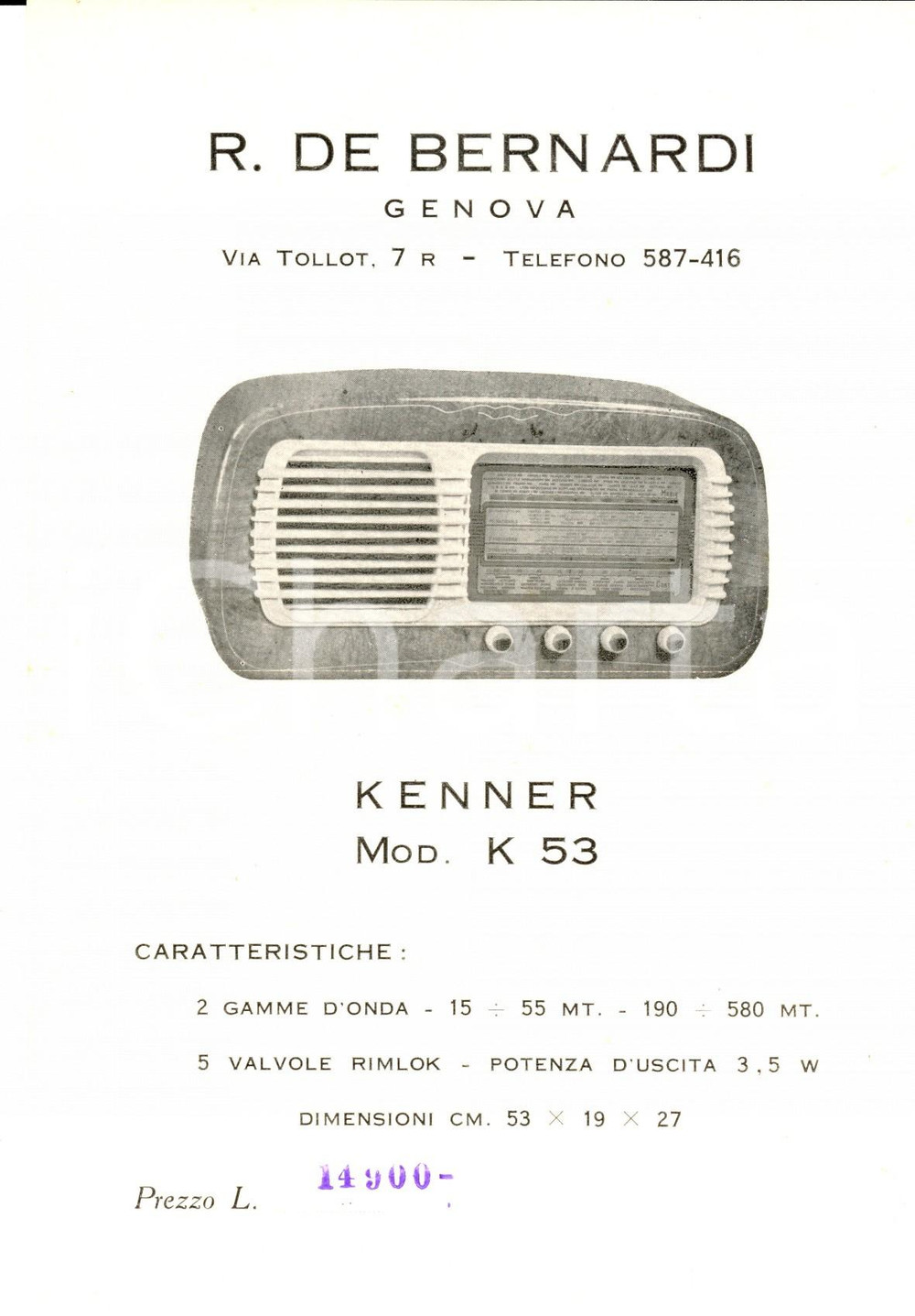 Materiale pubblicitario d’epoca 1960 ca GENOVA Ditta R. DE BERNARDI  Radio mod. KENNER K 53 Volantino 1