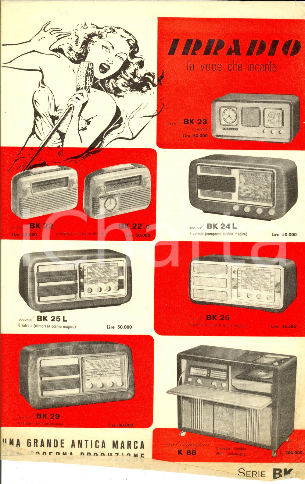 Materiale pubblicitario d’epoca 1960 ca MILANO IRRADIO Apparecchi radiofonici  Volantino su velina 25x33 1