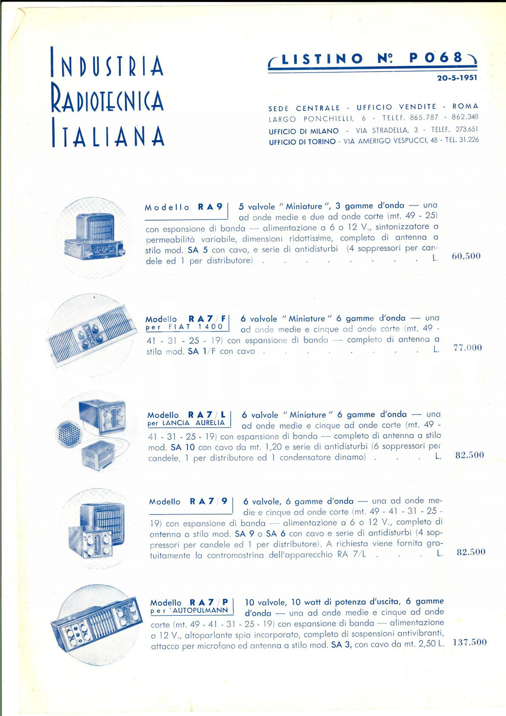 Materiale pubblicitario d’epoca 1951 ROMA INDUSTRIA RADIOTECNICA ITALIANA  Listino per valvole radio 1